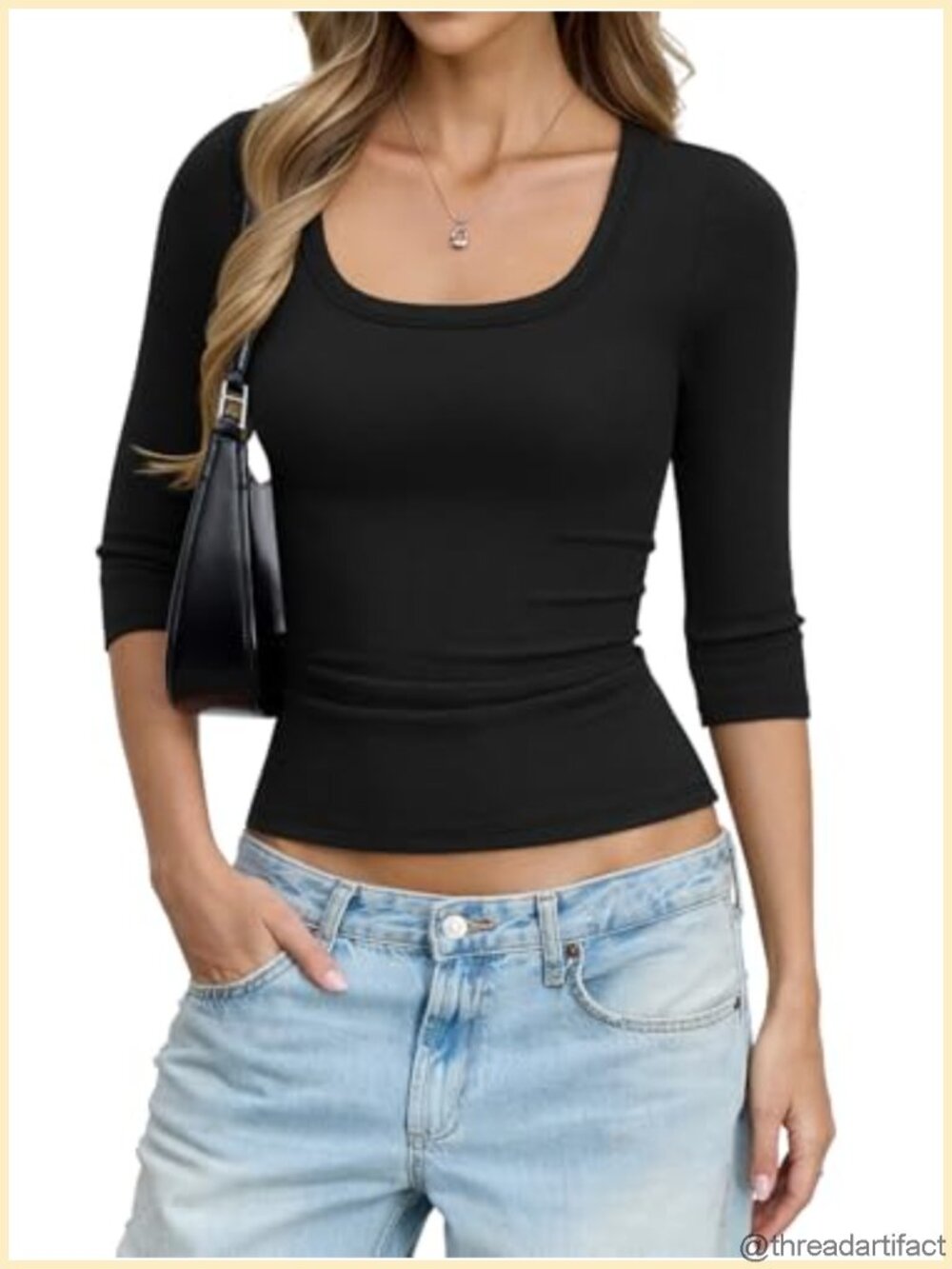 Womens Cotton Ribbed 3/4 Sleeve Scoop Neck T Shirt Slim Fit Tee